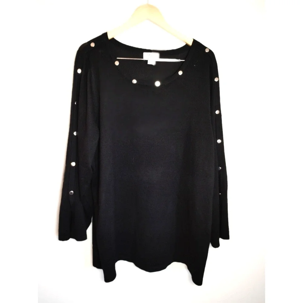 Carmen Women 3X Black Silver Neckline Sleeve Studded Pullover Sweater Gothic Y2K